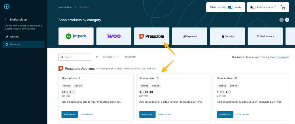 The marketplace showing Pressable site add-ons