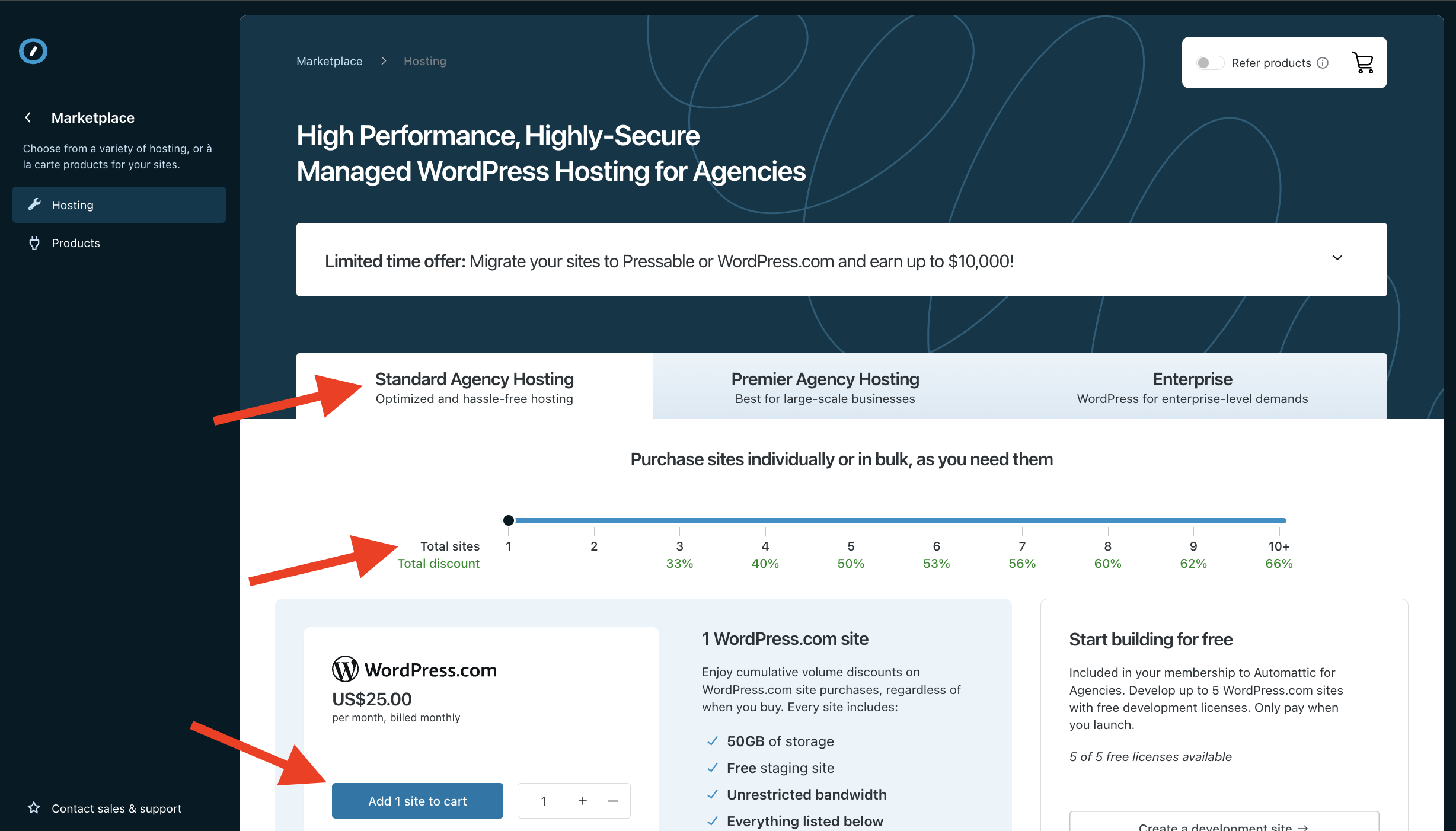 WordPress.com hosting marketplace options in Automattic for Agencies