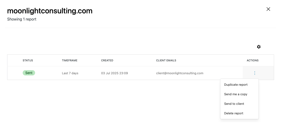 Dashboard displaying report details for moonlightconsulting.com, showing report status, timeframe, creation date, client email, and action options.