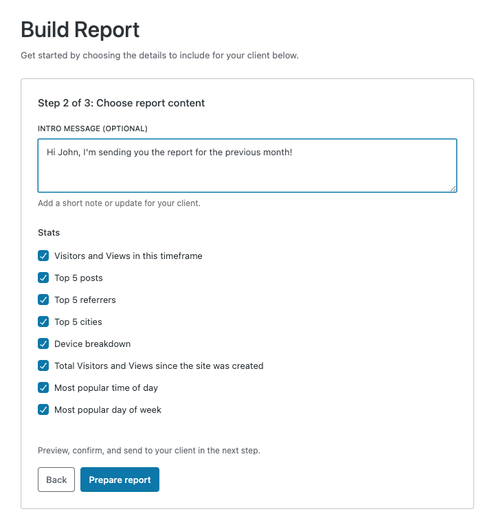 A screenshot of the 'Build Report' section in the Automattic for Agencies dashboard, displaying the intro message box and various report content options with checkboxes for selecting statistics to include in the report.